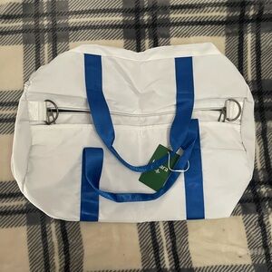 White and Blue Duffel Bag With Shoe Pocket